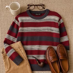 Studio 81 Striped Crewneck Sweater Men’s S GrandpaCore Retro Maroon Gray Knit